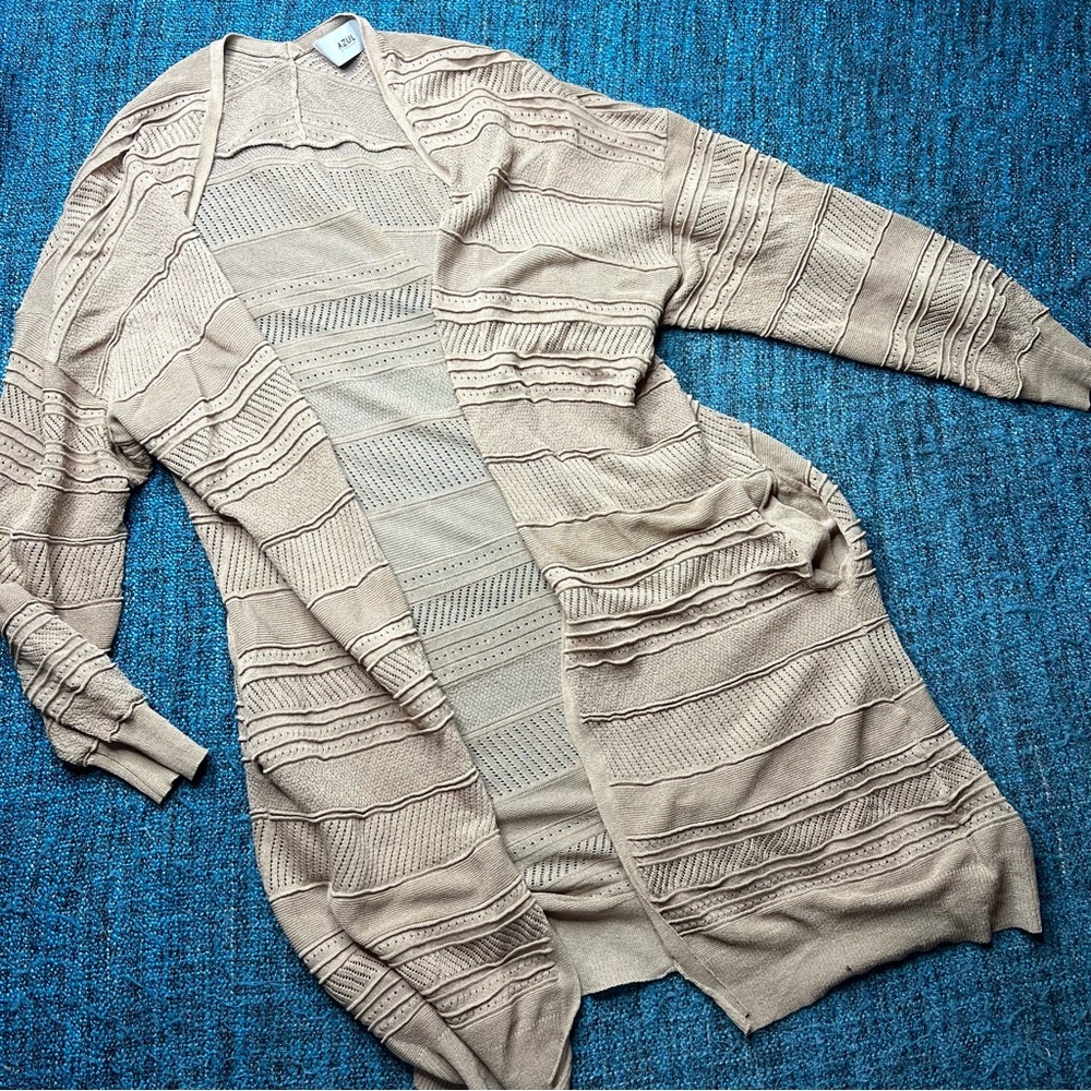Azul by Moussy Lightweight Open Knit Long Cardigan in Light Tan